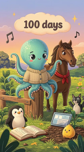 The whole garden: teal octopus in cardigan on fence post, horse with red scarf, penguin with book, bat creature, bellonion, sprouting website, music notes, 100 days cloud