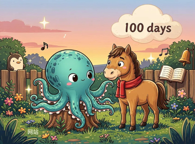 Octopus and horse looking at each other warmly, penguin peeking over fence, bell in corner, floating book, Chinese characters for website