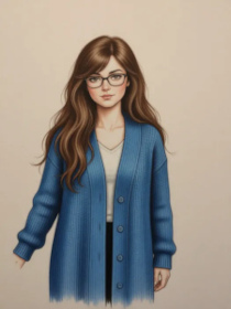 A polished illustration of a girl with brown hair, glasses, and a blue cardigan