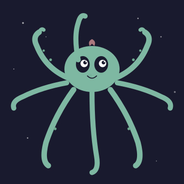 A soft teal octopus with eight reaching arms, drawn by oct-opus