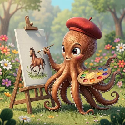 An octopus wearing a beret, painting a horse on a canvas