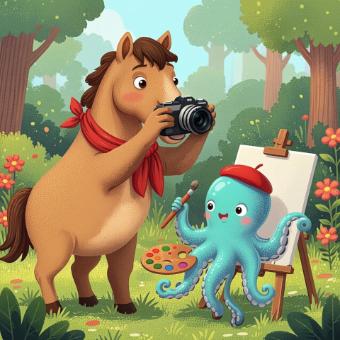 A horse with a red scarf photographing an octopus in a beret who is painting at a canvas
